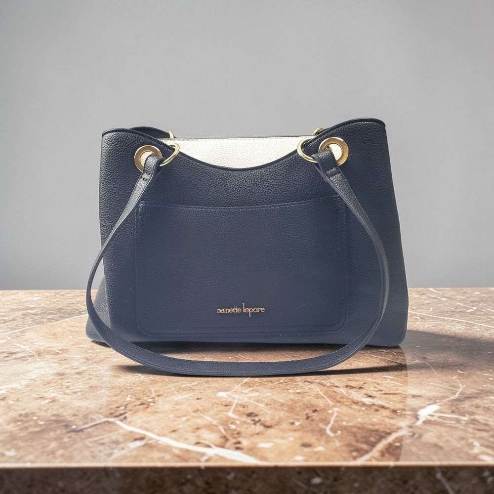 Nanette Lepore Black Cream Pebbled Tote Shoulder Bag Gold Hardware Two Tone